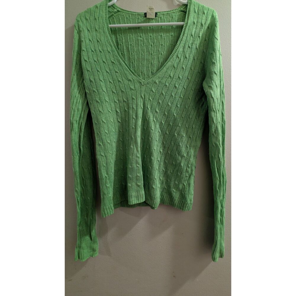 J. CREW Lime Green Cable Knit V-Neck Sweater Fitted Cotton Pullover size medium